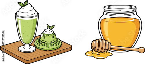 Matcha dessert and honey jar illustration set with green tea smoothie, waffle and dipper, colorful food vector collection for cafe and menu design