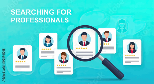 Magnifying Glass Examining Business Professional Profiles.