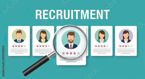 Recruitment Process with Magnifying Glass on Candidate Profile.