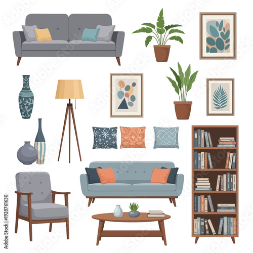 Modern living room interior featuring luxury furniture including a comfortable sofa and armchair with contemporary decor for a stylish apartment lounge home design