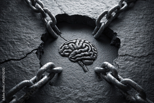 A brain-shaped hole locked by heavy chains on a cracked stone surface symbolizes mental constraints or restricted thinking.