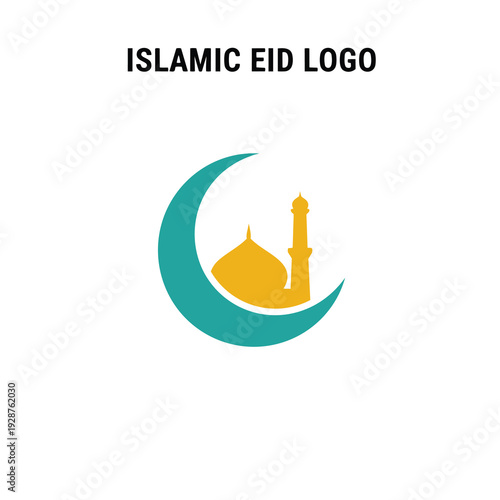 Islamic Eid logo with crescent moon and mosque, minimalist flat style for celebrating holy day, vector illustration
