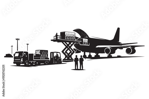 Air Cargo Handling Silhouette, Vector Illustration, Isolated on White Background