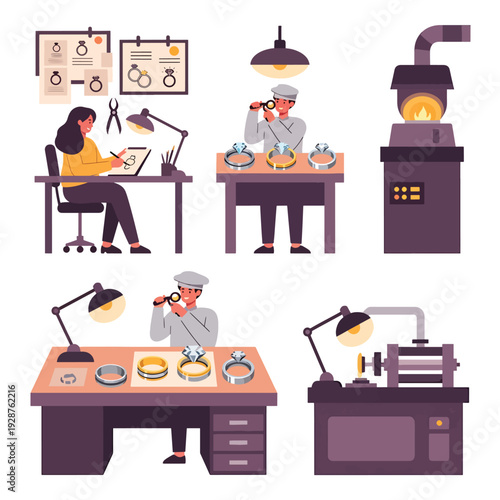 Industrial laboratory technicians working with equipment and materials in a research facility setting with various machinery and workstations.