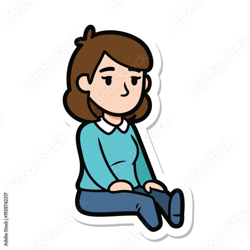 A cartoon girl sitting on the floor with a contemplative expression, surrounded by simplicity, from a slightly elevated viewpoint