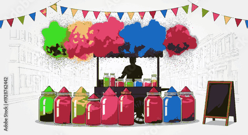 Vibrant cotton candy stall with colorful decorations and festive banners featuring a vendor serving treats on a busy street