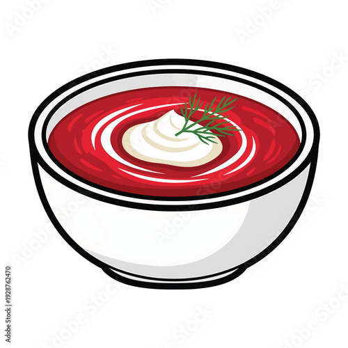 Bowl of red beetroot soup with cream and herb garnish in a white bowl and black outline