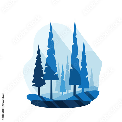 Whisk illustration of evergreen trees in a serene forest landscape viewed from a slight elevation