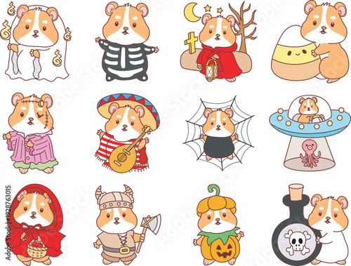 Cute halloween set of hamster sticker with activity. Hamster 