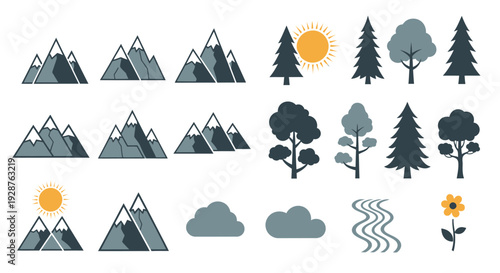 Vector set of camping icons and nature elements featuring a cartoon mountain landscape with forest trees and a winter snow silhouette for holiday travel design