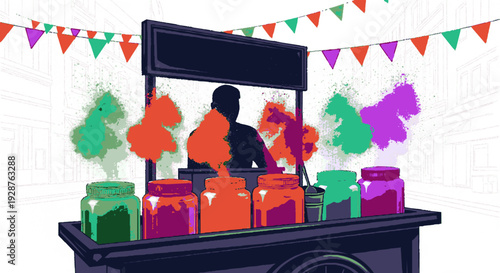 Vibrant street vendor cart with colorful powder jars and festive bunting decoration creating a lively atmosphere with a single vendor