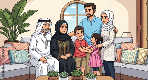 Family portrait of a smiling group of people in traditional attire.