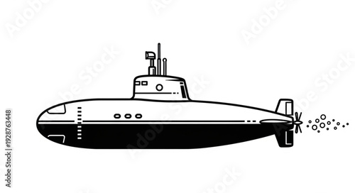 Black and white illustration of a submarine in the ocean, side view.
