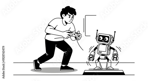 A person intently controls a robot with a wired controller, focused on the interaction.