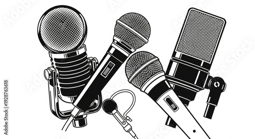 Collection of various microphones for recording audio and capturing sound.