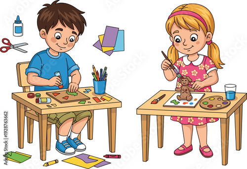 Boy and girl engaged in arts and crafts, painting and gluing, creative kids making colorful projects, children learning and having fun