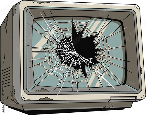 Broken TV Screen with Spider Web