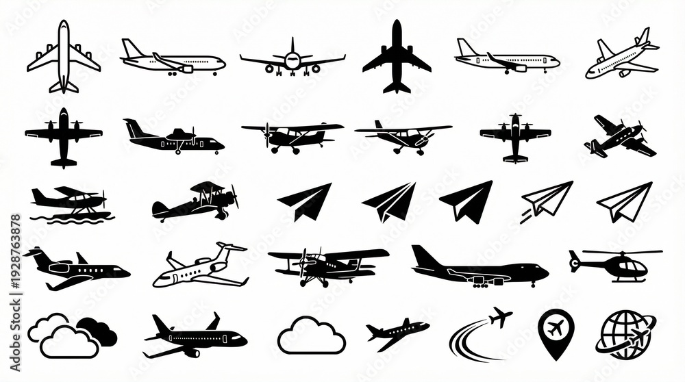 Naklejka premium Aviation Essentials: Aircraft and Flight Path Icons