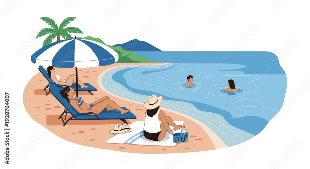 Obraz premium A young woman in a bikini enjoys a tropical summer holiday on the sandy beach by the blue sea under a sunny sky in this vibrant cartoon vector illustration