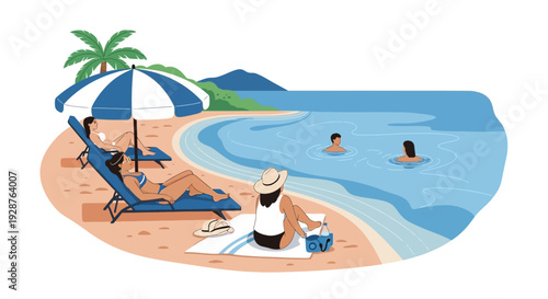 A young woman in a bikini enjoys a tropical summer holiday on the sandy beach by the blue sea under a sunny sky in this vibrant cartoon vector illustration