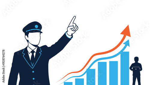 Uniformed officer points towards rising business bar chart and arrows indicating growth and success in professional achievements.