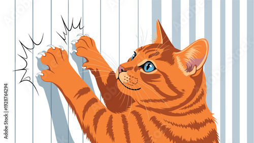 Orange tabby cat uses its claws to scratch a striped wall leaving marks in a playful or destructive behavior indoors.