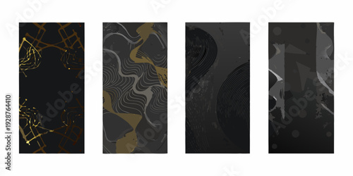 Five abstract vertical panels with gold and black swirls lines and map like patterns