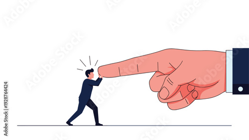 Determined small businessman uses all his strength to push back against a massive corporate pointing finger for self-defense.