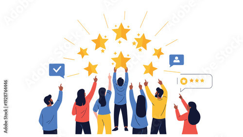Diverse group of people reaching up towards multiple glowing golden stars symbolizing achievement and high quality ratings.