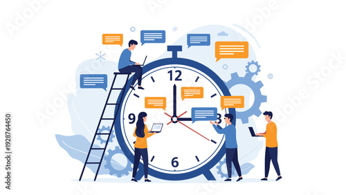 Team of professionals work efficiently around a giant clock face with various digital communication bubbles for time management.