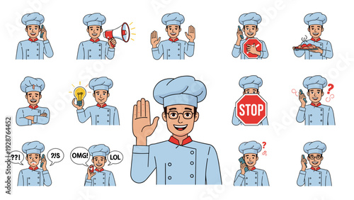 Professional male chef character kit displays multiple poses including cooking, talking on a phone, and holding a megaphone.
