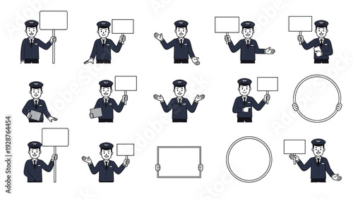 Uniformed police officer character set features various poses holding blank signs and geometric frames for custom messages.