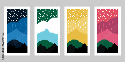 Four vertical abstract landscape panels with pixelated mountains and starry skies