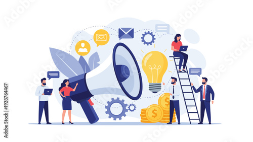 Creative team collaborates around a massive megaphone and glowing light bulb to amplify new marketing ideas and business strategies.