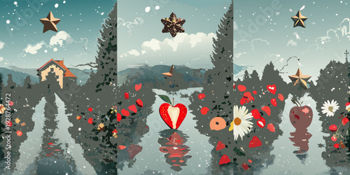 Stylized landscape with stars trees reflections and red fruit against a muted scenic backdrop