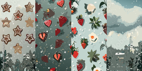 Stylized pattern with strawberries cookies flowers and landscape elements in vertical panels