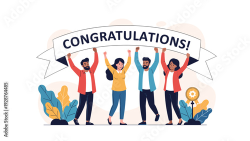 Group of four happy diverse colleagues hold up a large celebratory banner with the word congratulations to honor an achievement.