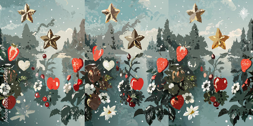 Stylized winter forest scene with berries flowers and golden stars scattered throughout