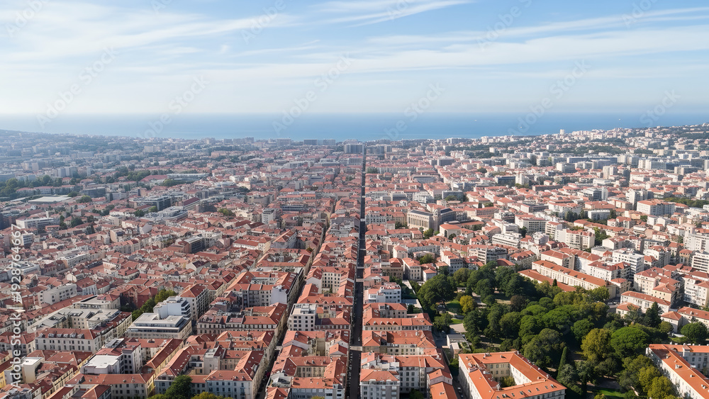 Obraz premium Aerial view of a vibrant cityscape with red rooftops and green trees