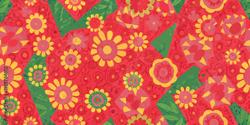 Colorful floral pattern with red green and yellow hues and stylized flower designs