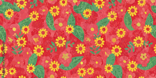 Vibrant red background with scattered yellow sunflowers and green leaves pattern