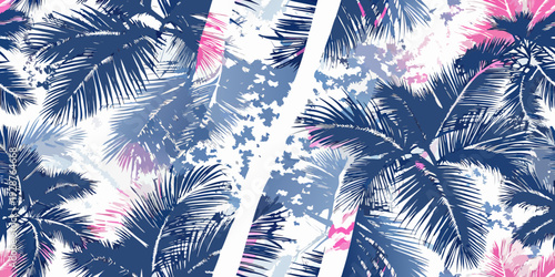 Abstract tropical pattern with palm leaves and vibrant blue pink and white hues