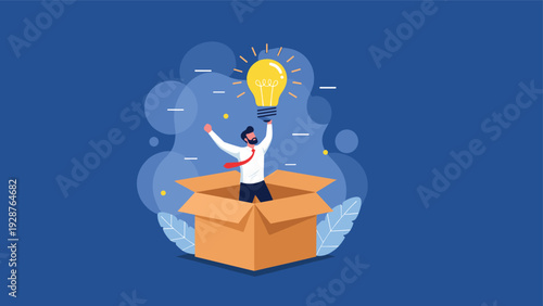 Excited businessman pops out of a cardboard box while holding a glowing light bulb, symbolizing out of the box thinking.