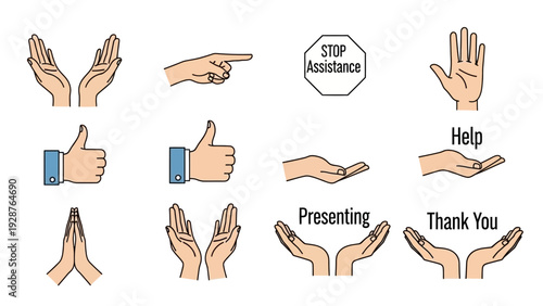 Comprehensive collection of hand gesture icons and illustrations showing communication concepts like help, support, gratitude, and presentation on a white background.