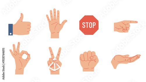 Collection of flat vector hand gesture icons featuring thumbs up, stop sign, pointing finger, okay sign, peace sign, fist, and open palm on a white background.