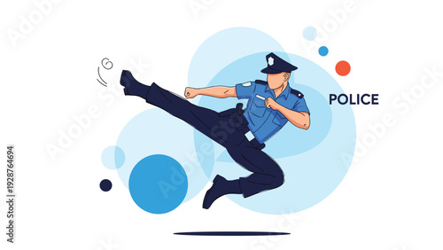 Athletic police officer performs a powerful dynamic jumping kick against a background of abstract circular shapes and bubbles.