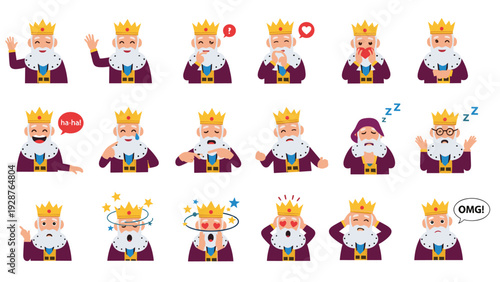 Regal king character is presented in a collection of diverse facial expressions and gestures for storytelling and design projects.