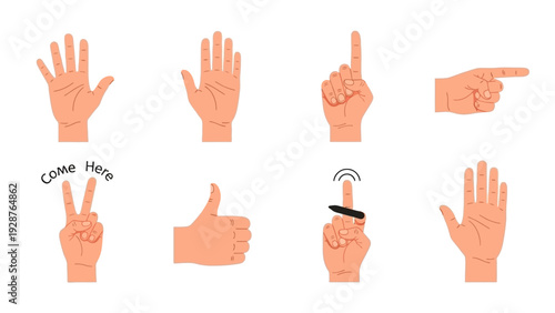 Hand Gesture Vector Set Illustration including Thumbs Up Pointing High Five and Come Here Sign Isolated on White Background for Communication and UI Design Icon