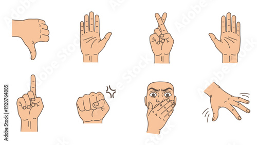 Illustration set of human hand gestures including thumbs down, fingers crossed, clenched fist, pointing up, and surprised face for communication design icons.
