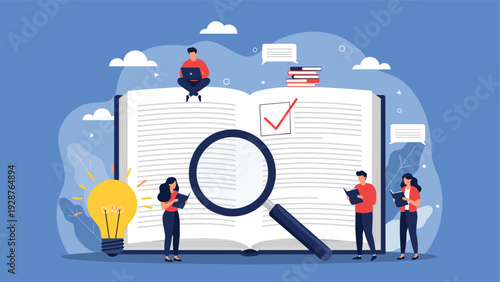 Group of students use a giant book, magnifying glass, and light bulb to research and study for their educational goals and knowledge.